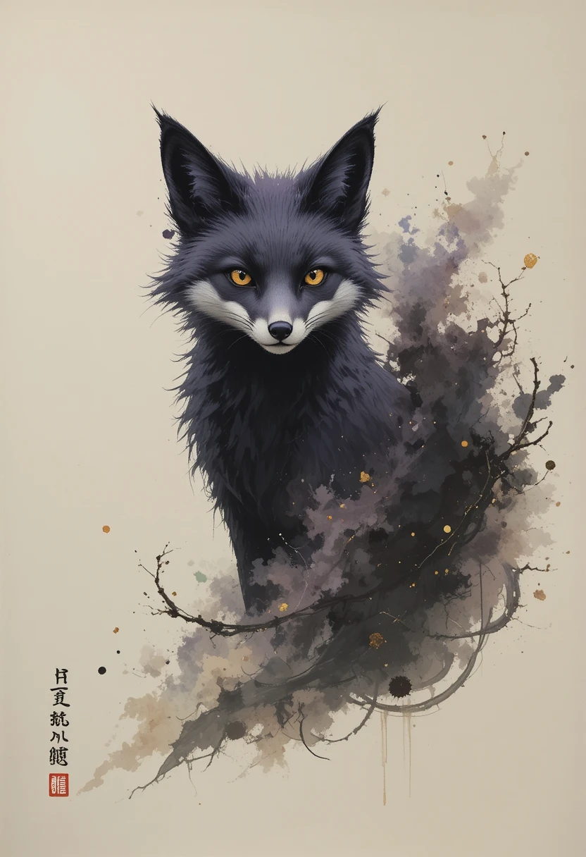 霧の尾を持つ墨絵の狐と黄金比レイアウト