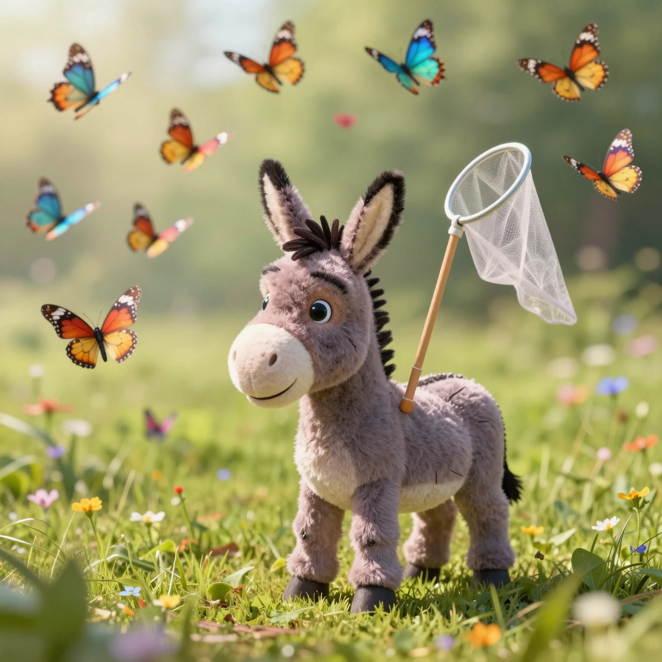 Colorful toy donkey with net in a sunny meadow