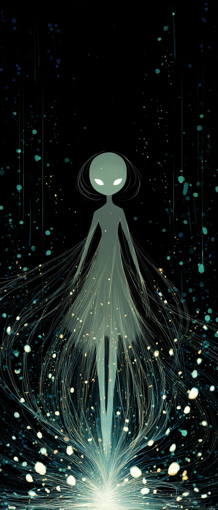 Ethereal anime figure floating above a dark endless void
