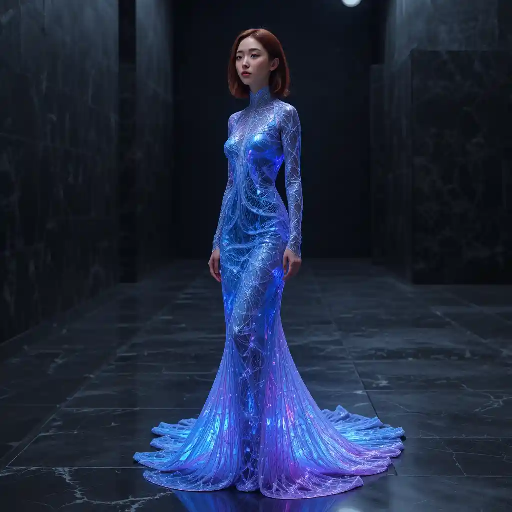 Korean woman in glass gown under cyan gallery spotlight
