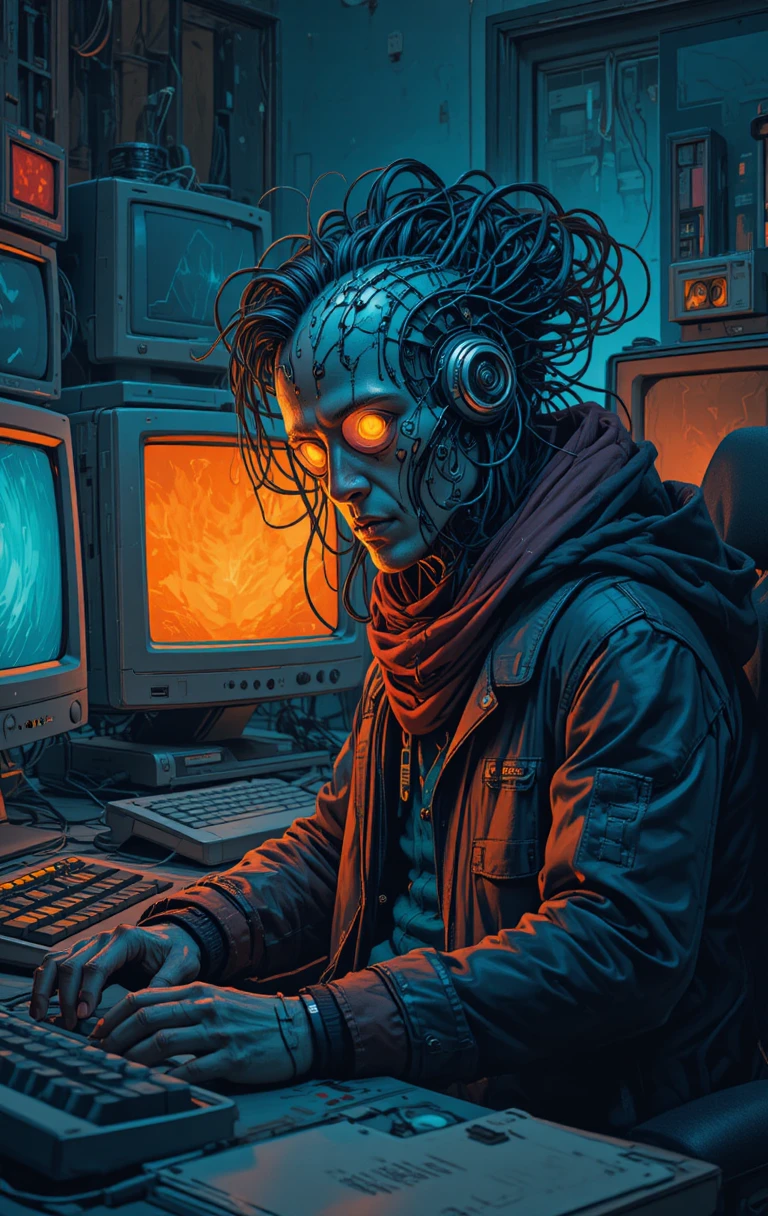 Cyborg cyberpunk con cavi che si rilassa davanti a un setup di computer luminoso