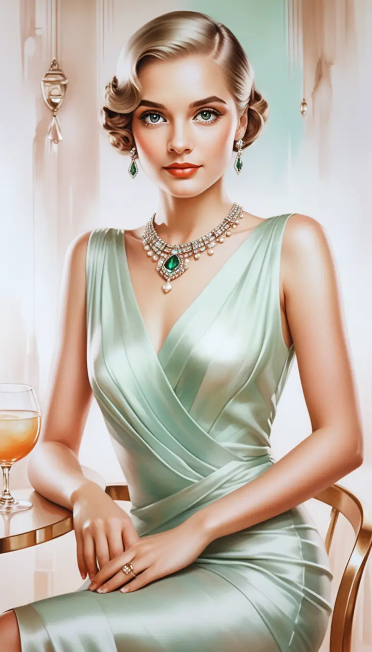 Mujer elegante con vestido art déco y gemas sobre la mesa