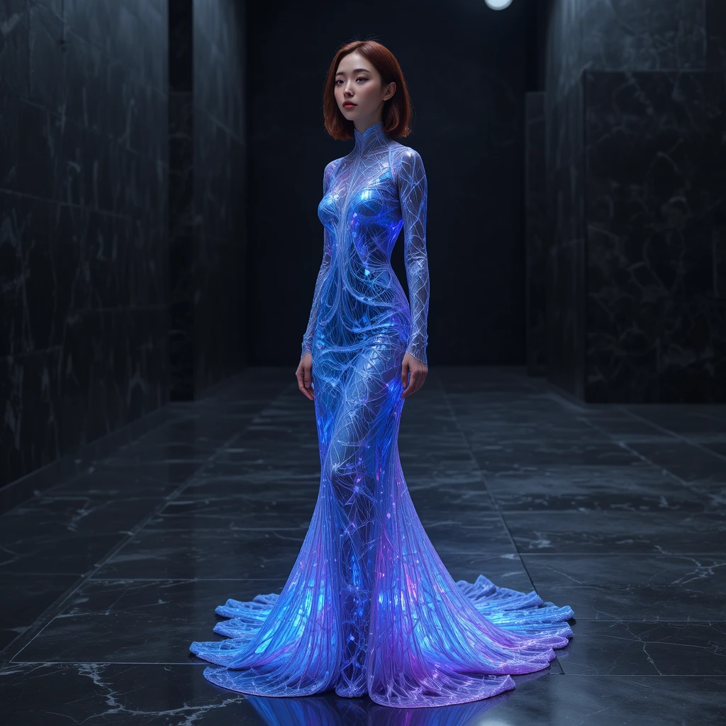 Korean woman in glass gown under cyan gallery spotlight