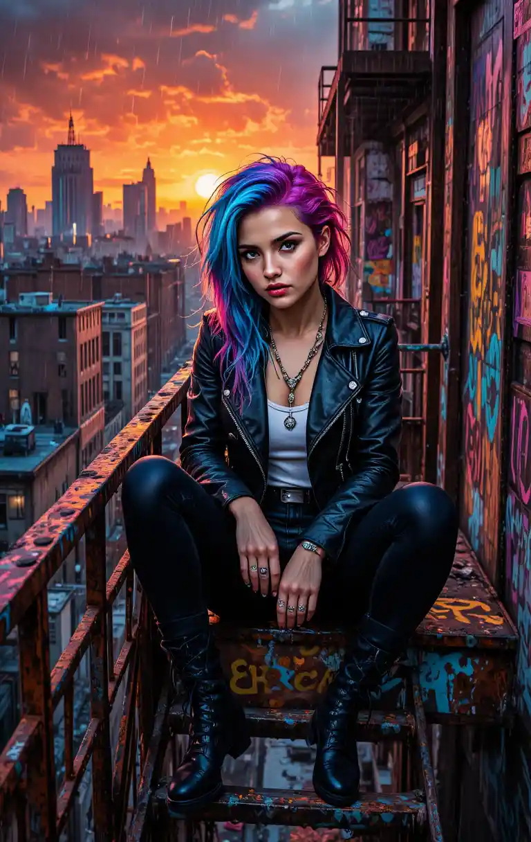Blue haired woman on a fire escape in heavy rain