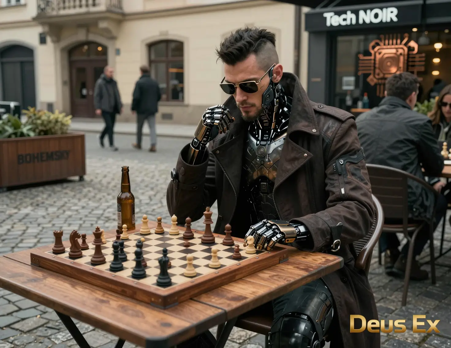 Augmented detective playing chess at a cyberpunk city cafe