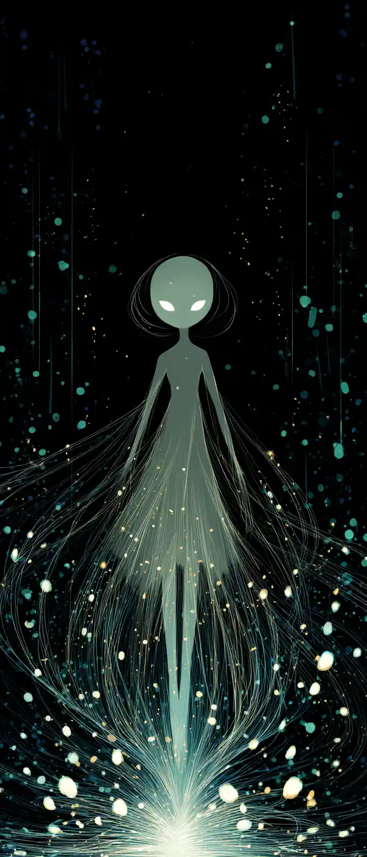 Ethereal anime figure floating above a dark endless void