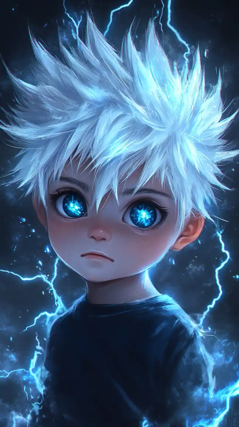 Ritratto di ragazzo anime chibi con occhi blu elettrici luminosi