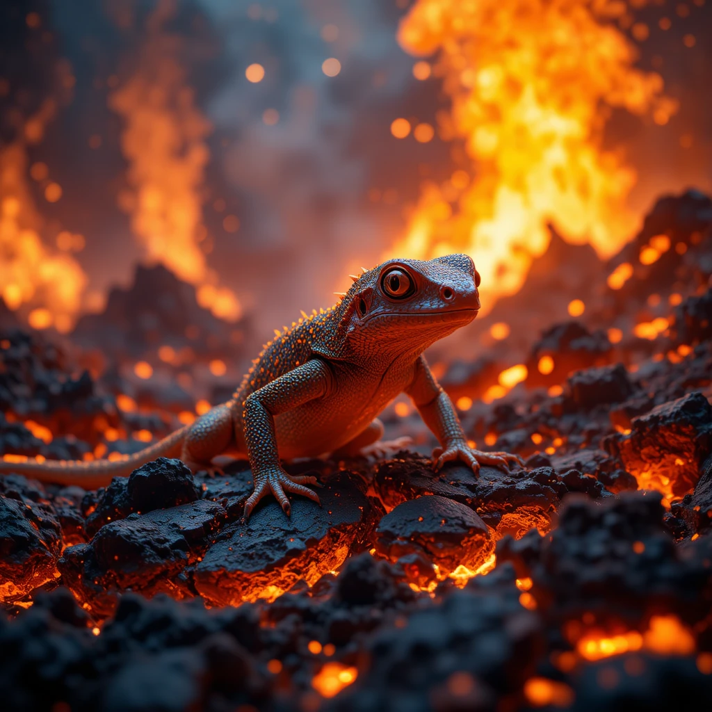 Gecko Surrounded By Explosive Volcanic Eruption And Molten Lava