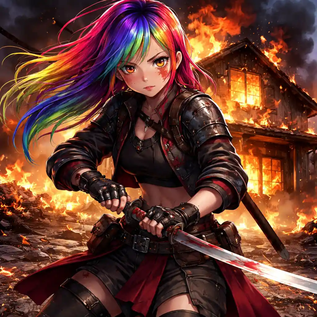 燃えさかる家の前に立つ刀を持ったティーンの女戦士