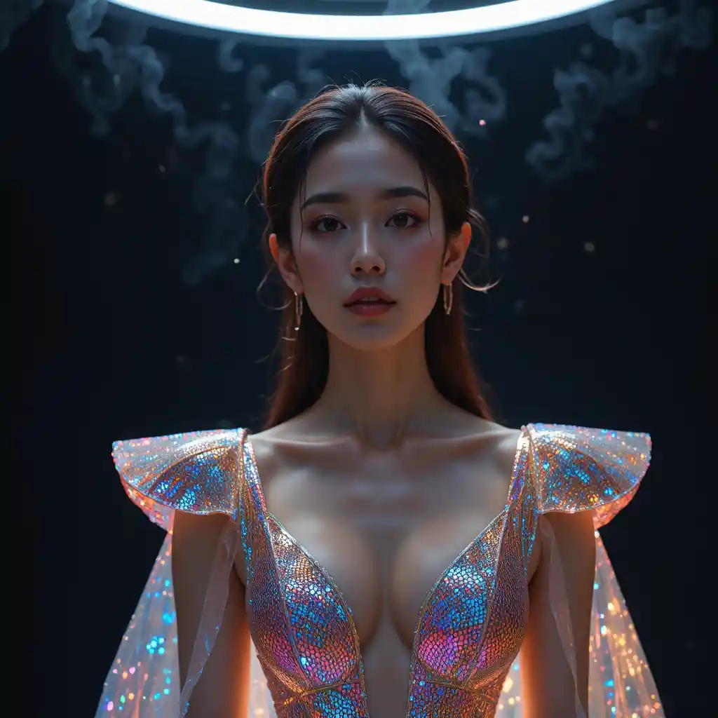 Koreanisches Fashion-Model im Graphen-Abendkleid mit leuchtendem Umhang