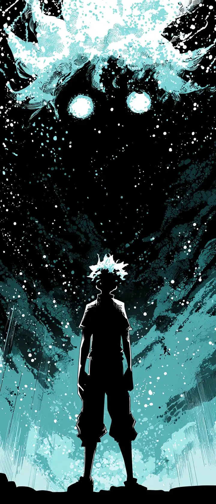 Abstract anime silhouette dissolving into glowing dots