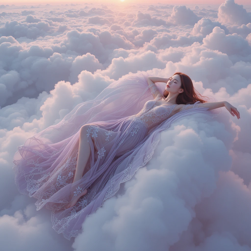 Femme coréenne en robe couture lavande reposant sur des nuages lumineux