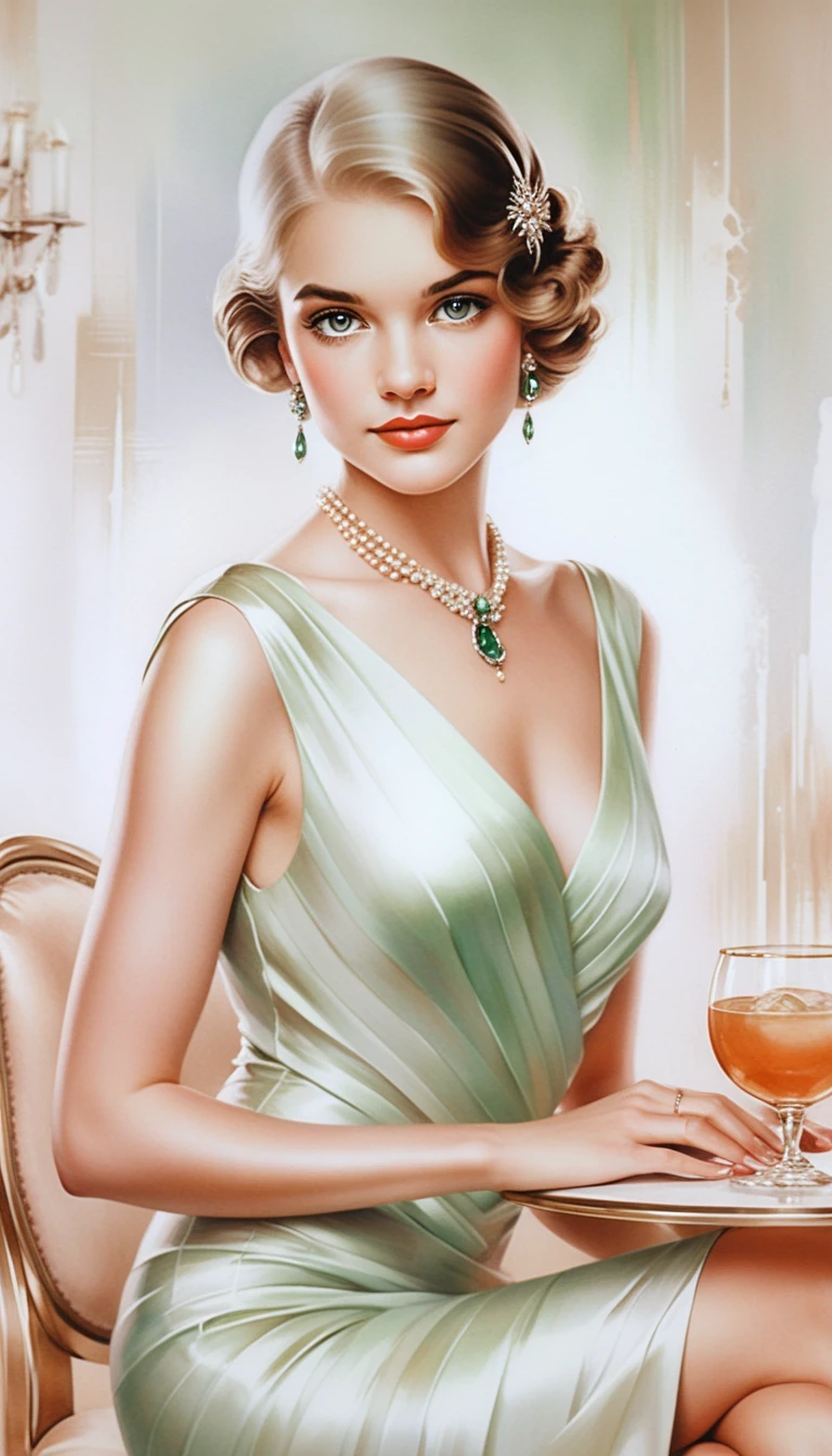 Elegante donna in abito art déco con gemme preziose