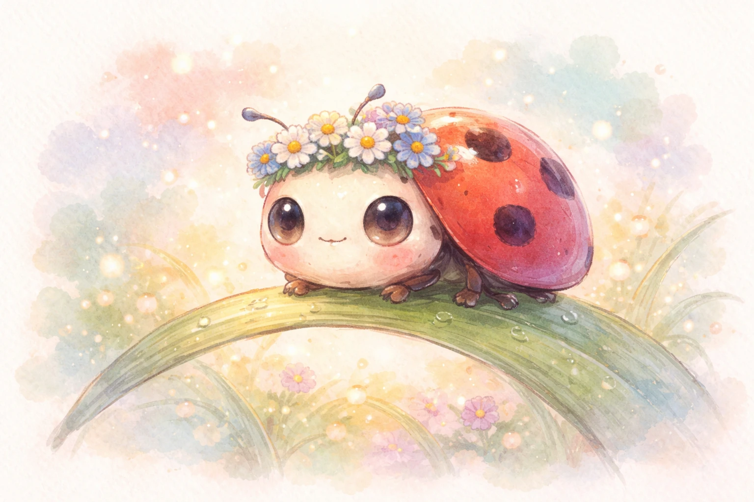 Adorable coccinelle sur l’herbe dans un doux style de livre d’histoires pastel