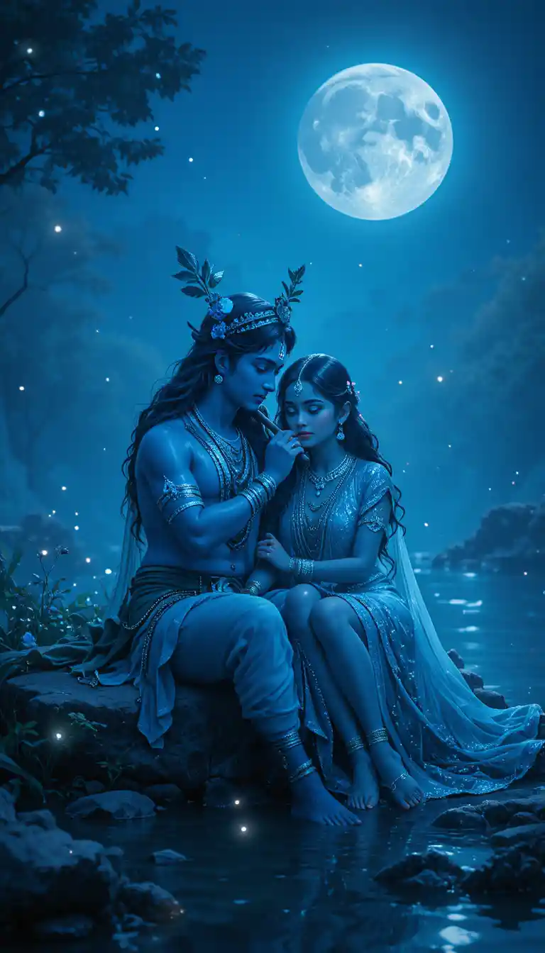 Divine couple by the river under a glowing full moon