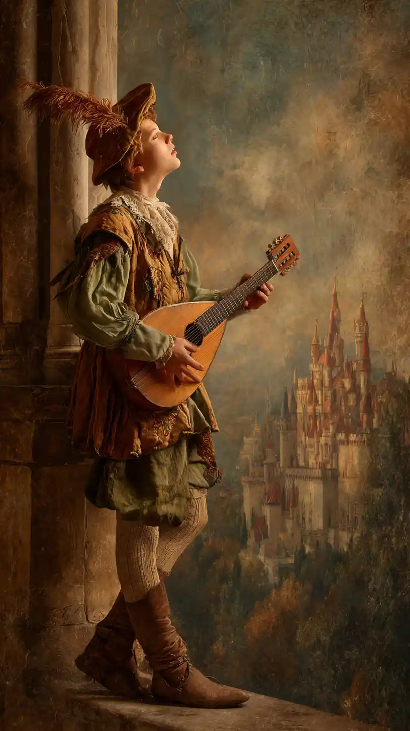Medieval minstrel serenading his beloved at a castle balcony
