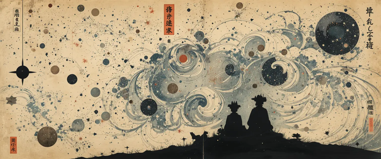 Galaxia en xilografía que gira sobre un cielo de pergamino antiguo