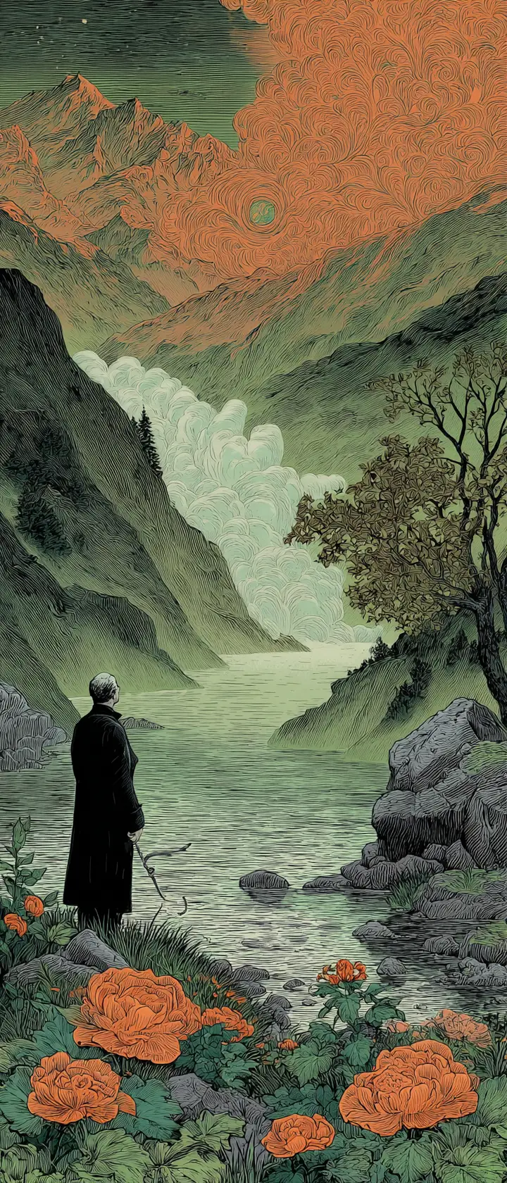 Solitary figure by a misty river in a fantasy landscape