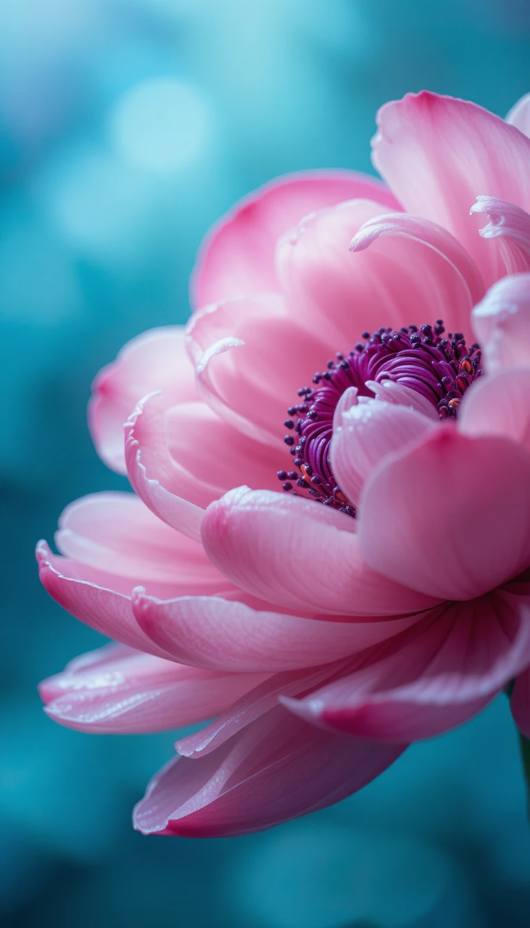 Primo piano di peonia con petali rosa e centro viola