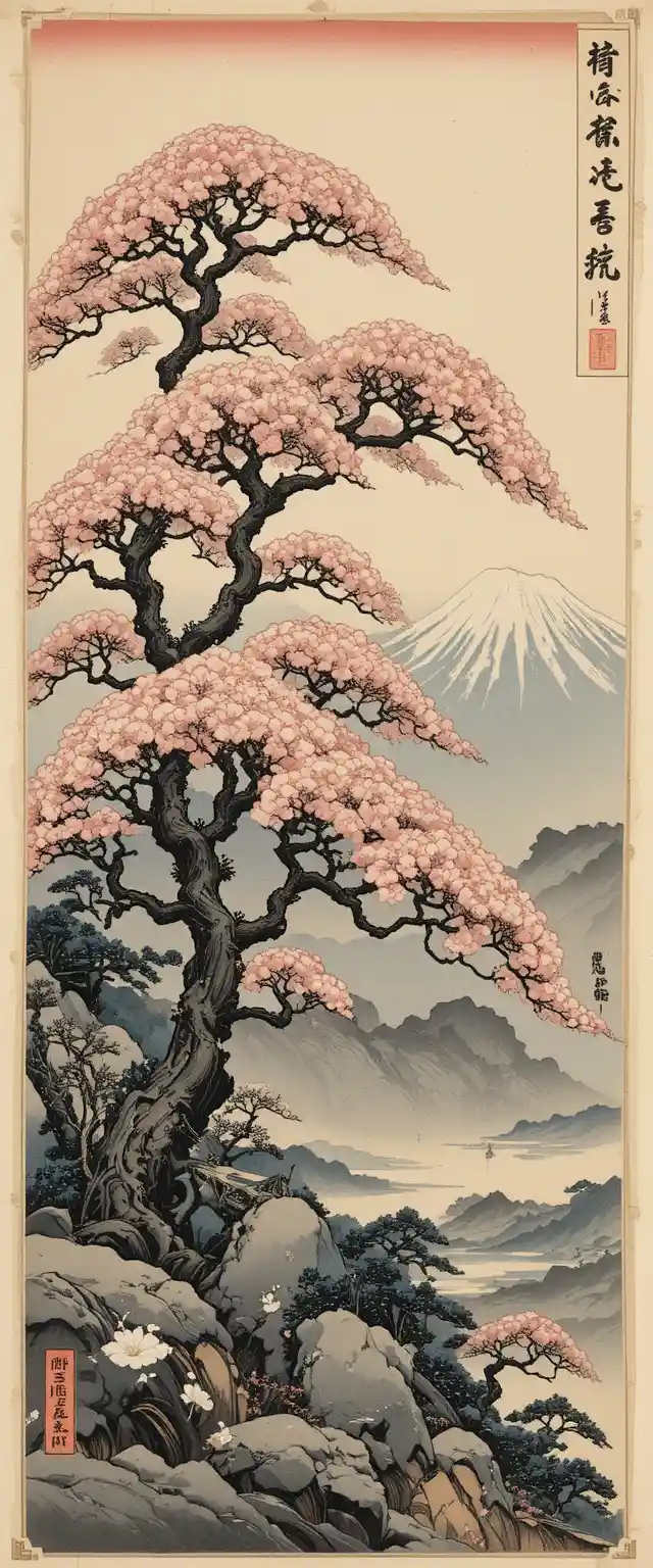 Paisagem ukiyo-e do Monte Fuji e cerejeira em flor