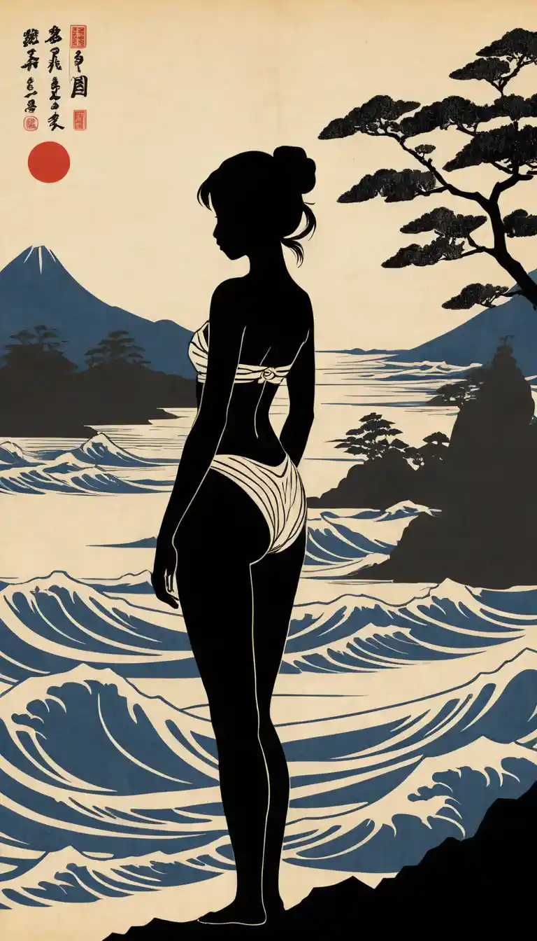 Ukiyo-e-Strand: Frauen in Bikinis auf gealtertem Pergament