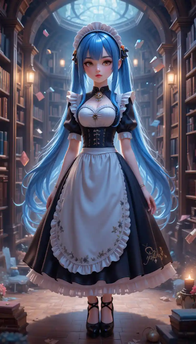 Anime maid with blue hair in a magical gothic library