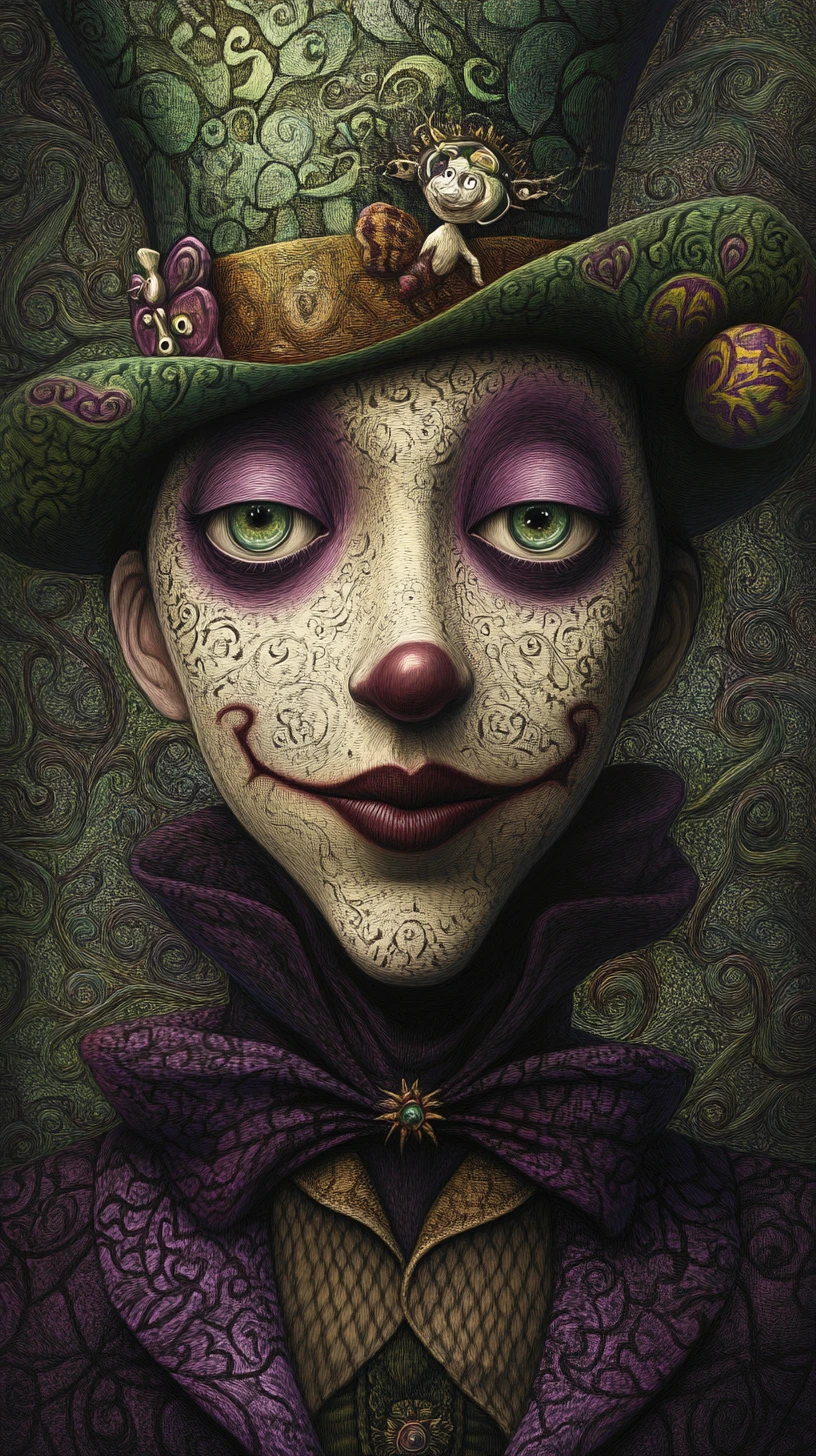 French mime in a surreal dreamlike purple fantasy world