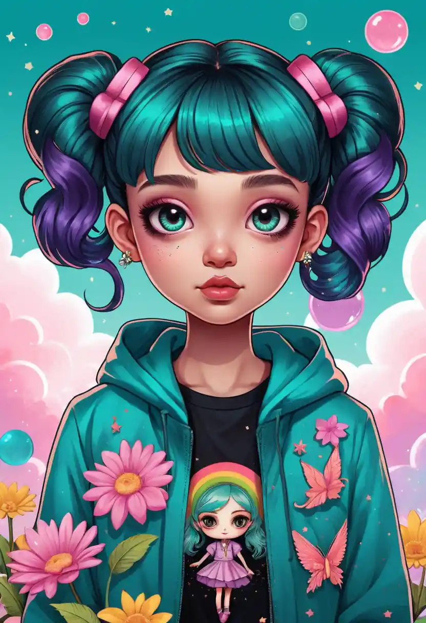 Ragazza dai capelli arcobaleno che sorride dolcemente in un campo di fiori rosa