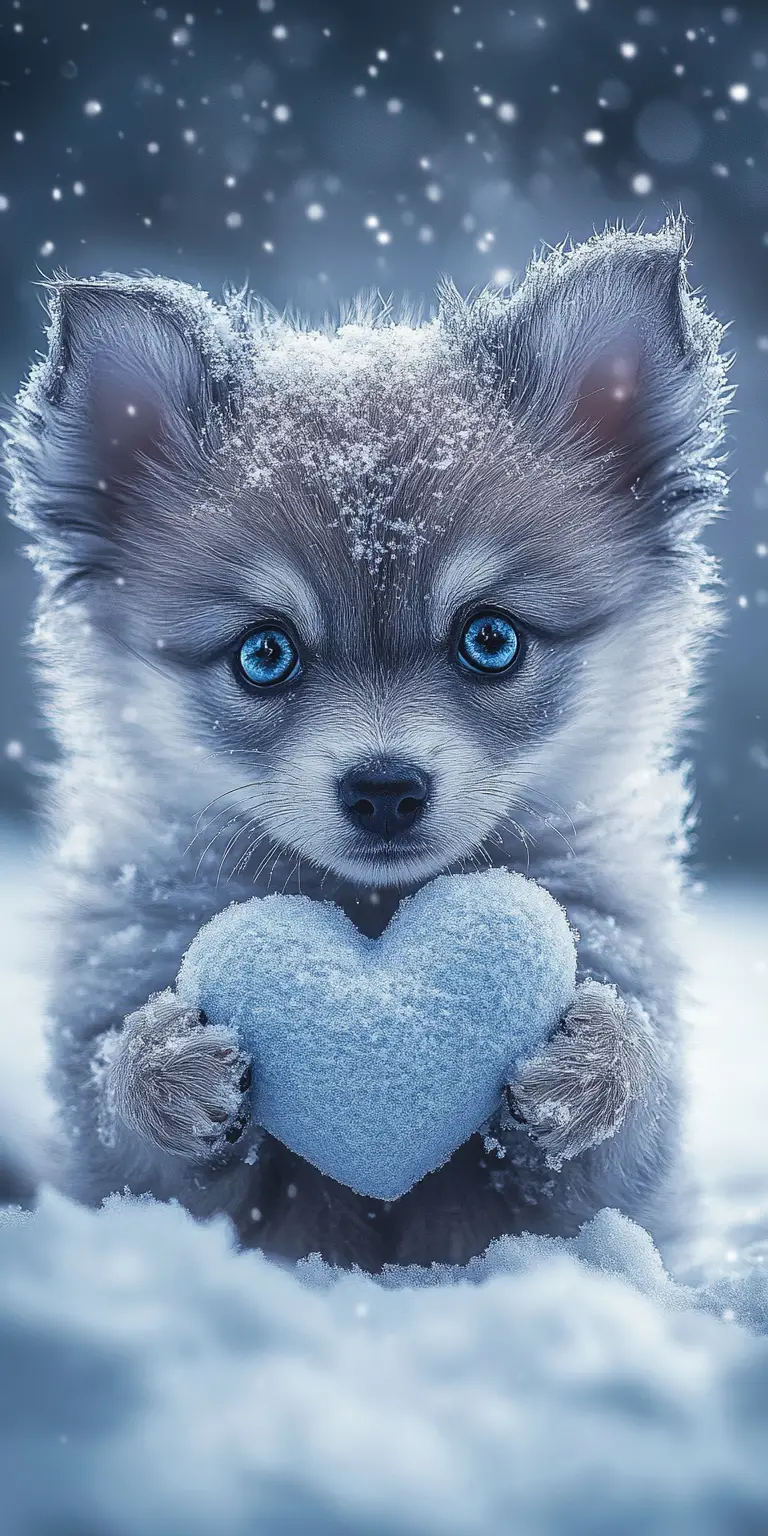 Winziger Welpe mit blauen Augen hält ein flauschiges Herz