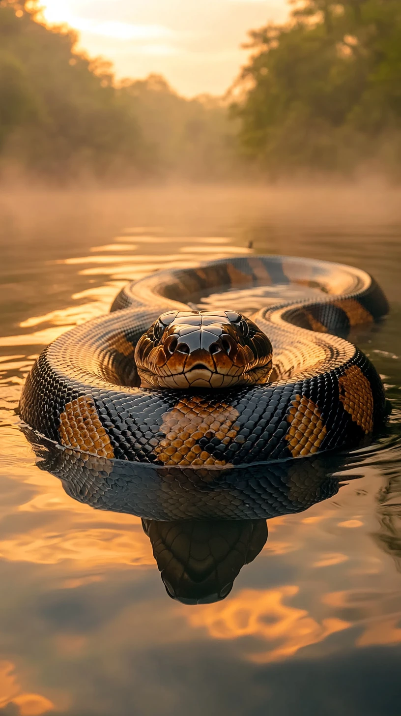 Anaconda glissant sur une rivière de jungle brumeuse au coucher du soleil