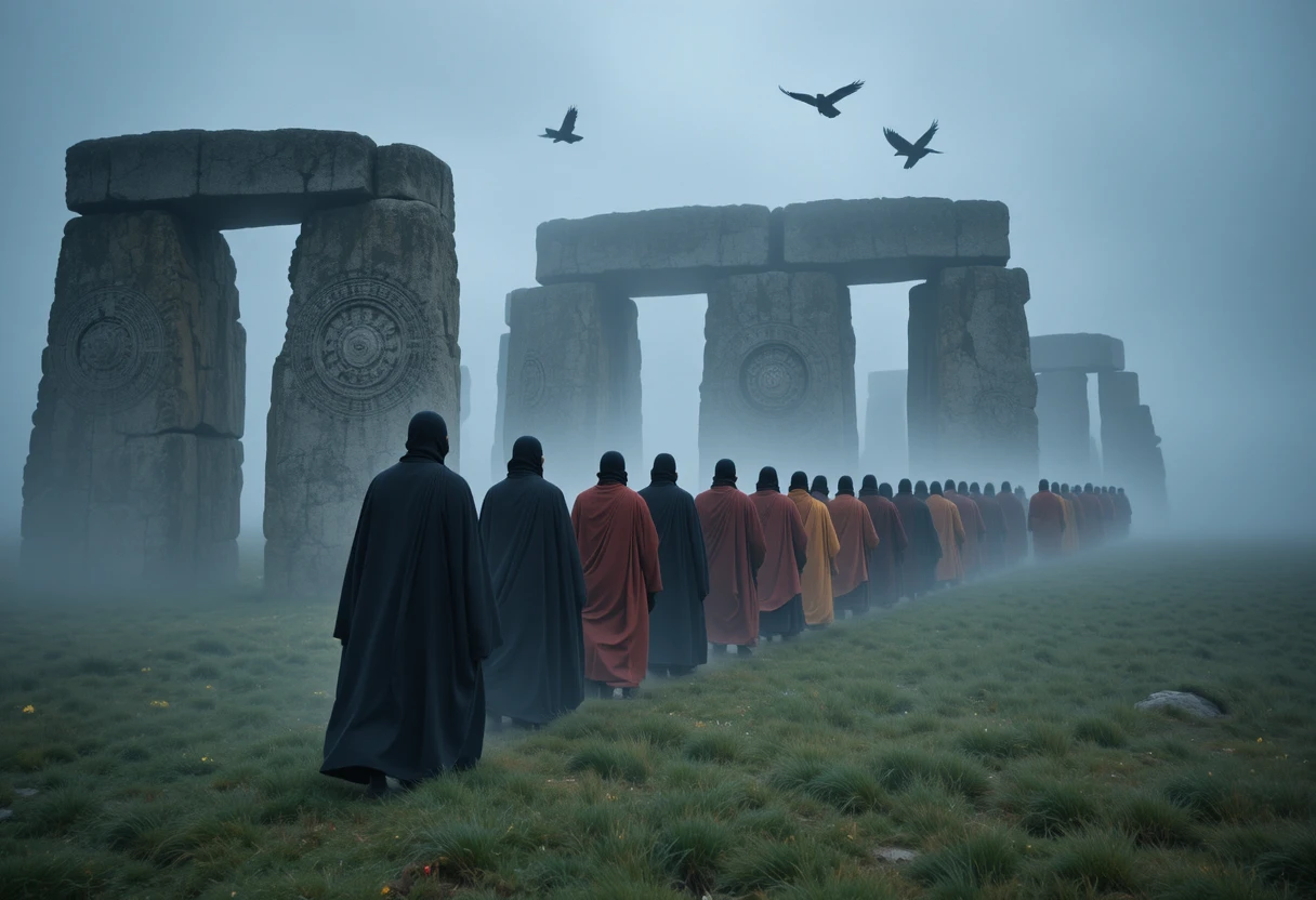 Dominikaner- und tibetische Mönche treffen sich im nebligen Stonehenge