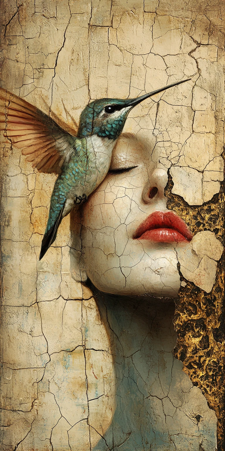 Femme et colibri dans un portrait texturé en techniques mixtes