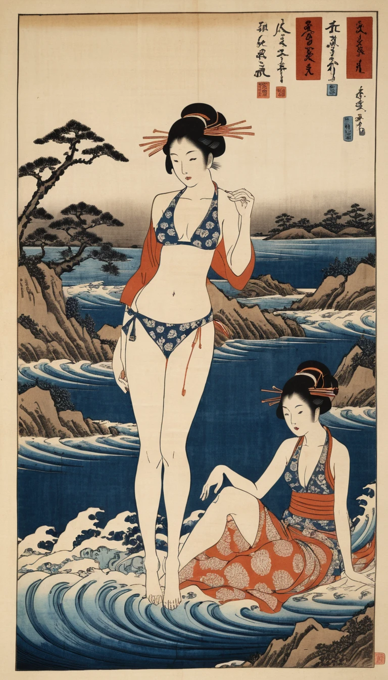 Ukiyo-e-Holzschnitt mit Bikini tragenden Frauen im Querformat