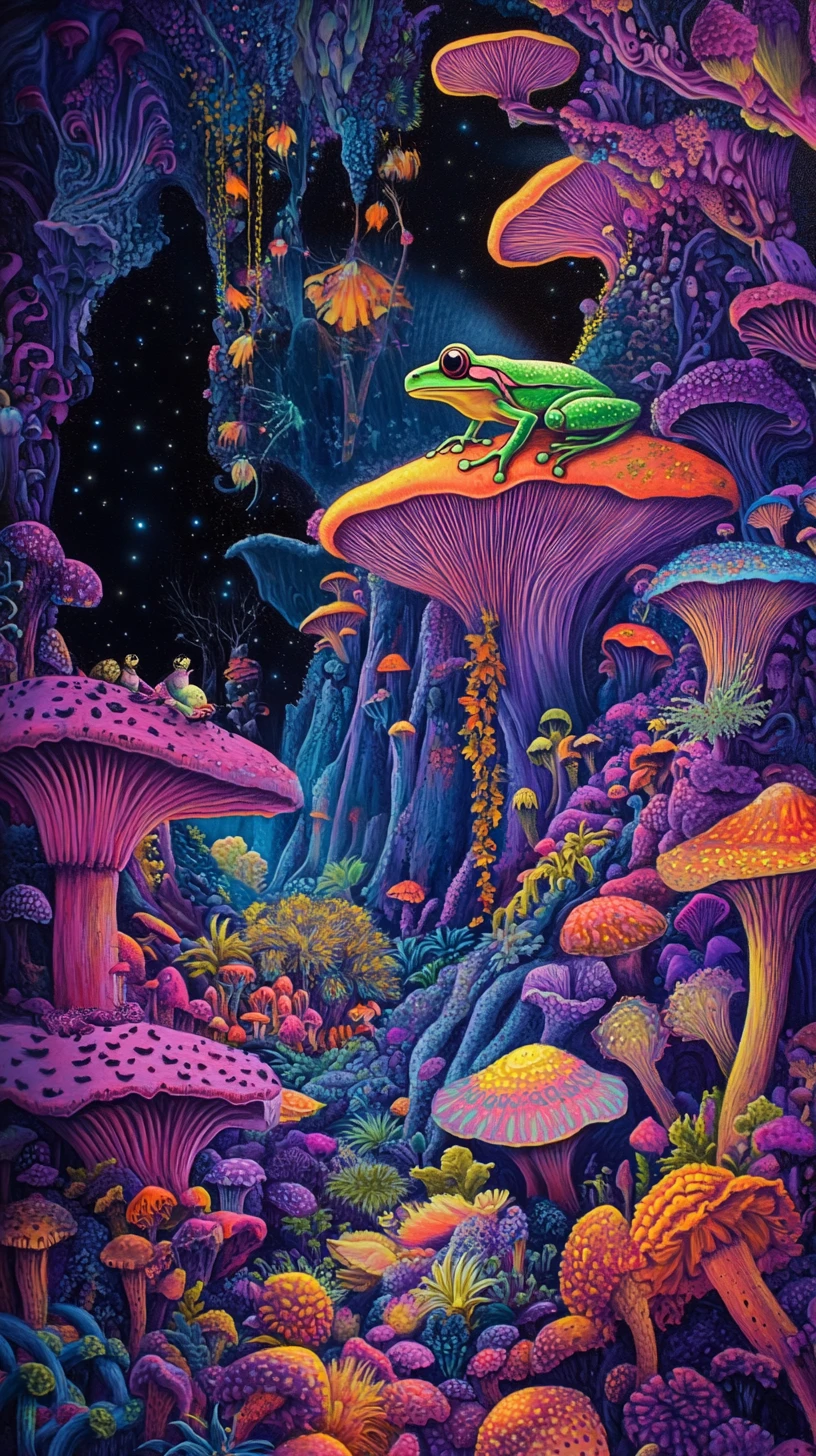 Rana dardo surreale che brilla in una foresta di funghi luminosi