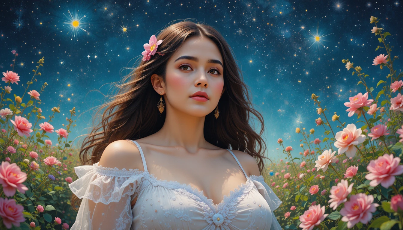 Curvy woman in a wildflower field under romantic starlit sky