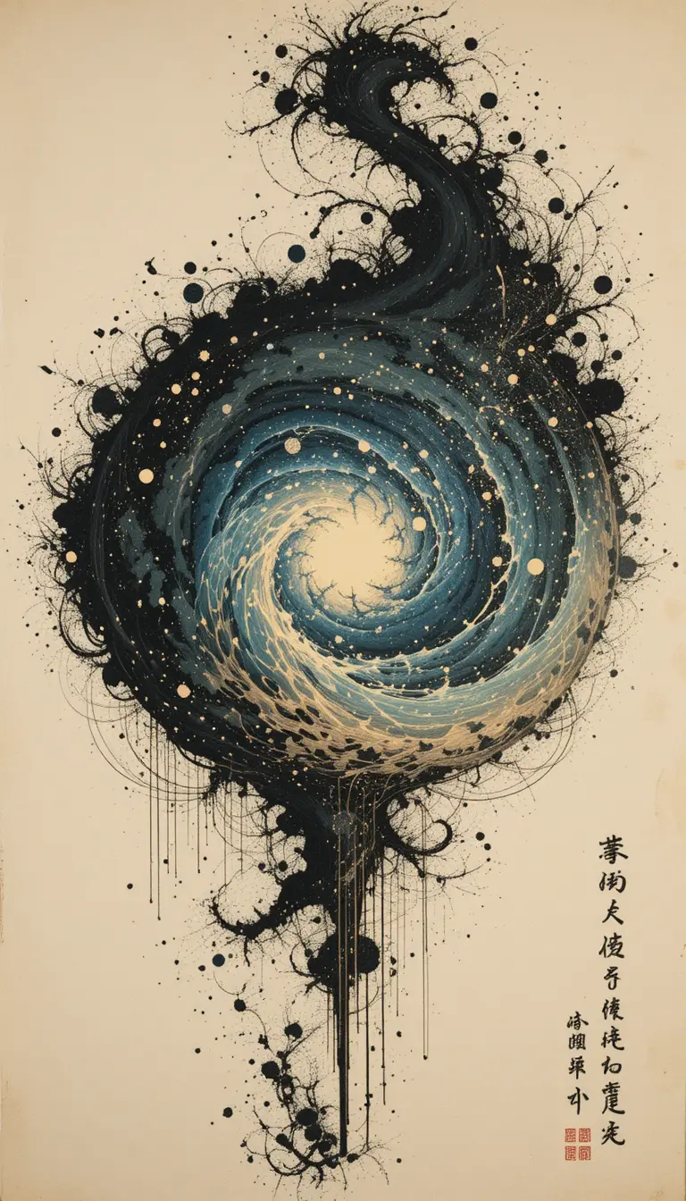 Galassia in xilografia che vortica sul pergamena in stile ukiyo-e