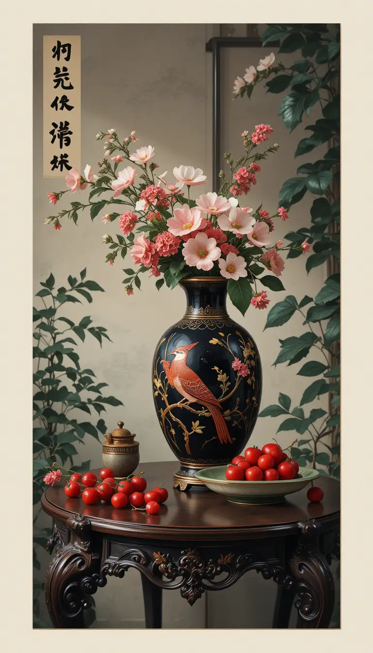 Elegant still life with vase cherries and green dish