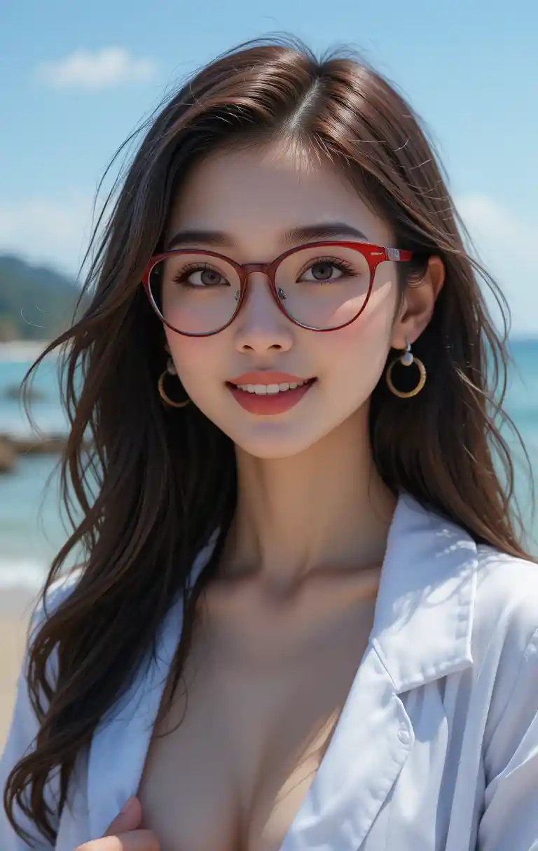 Mature japanese woman in glasses posing by the seaside