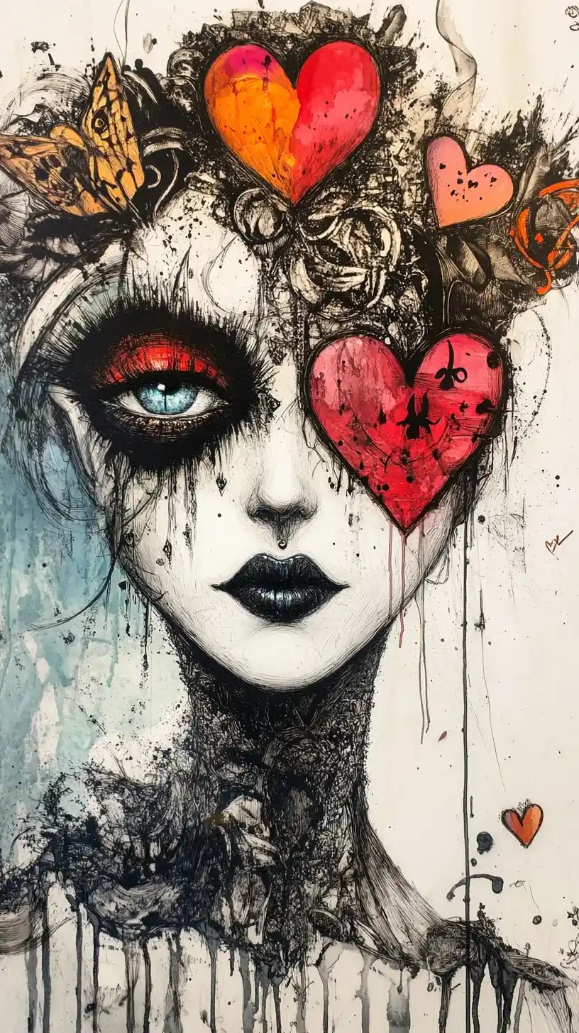 Regina di cuori gotica surreale con ipnotici occhi di carbone