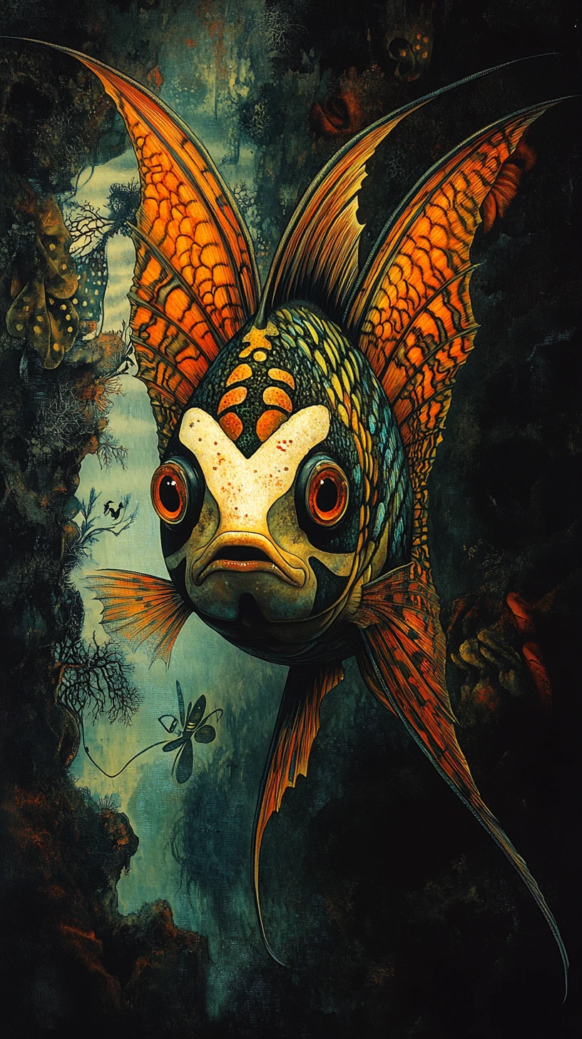 Surreal angelfish emerging from a dark twisted abyss