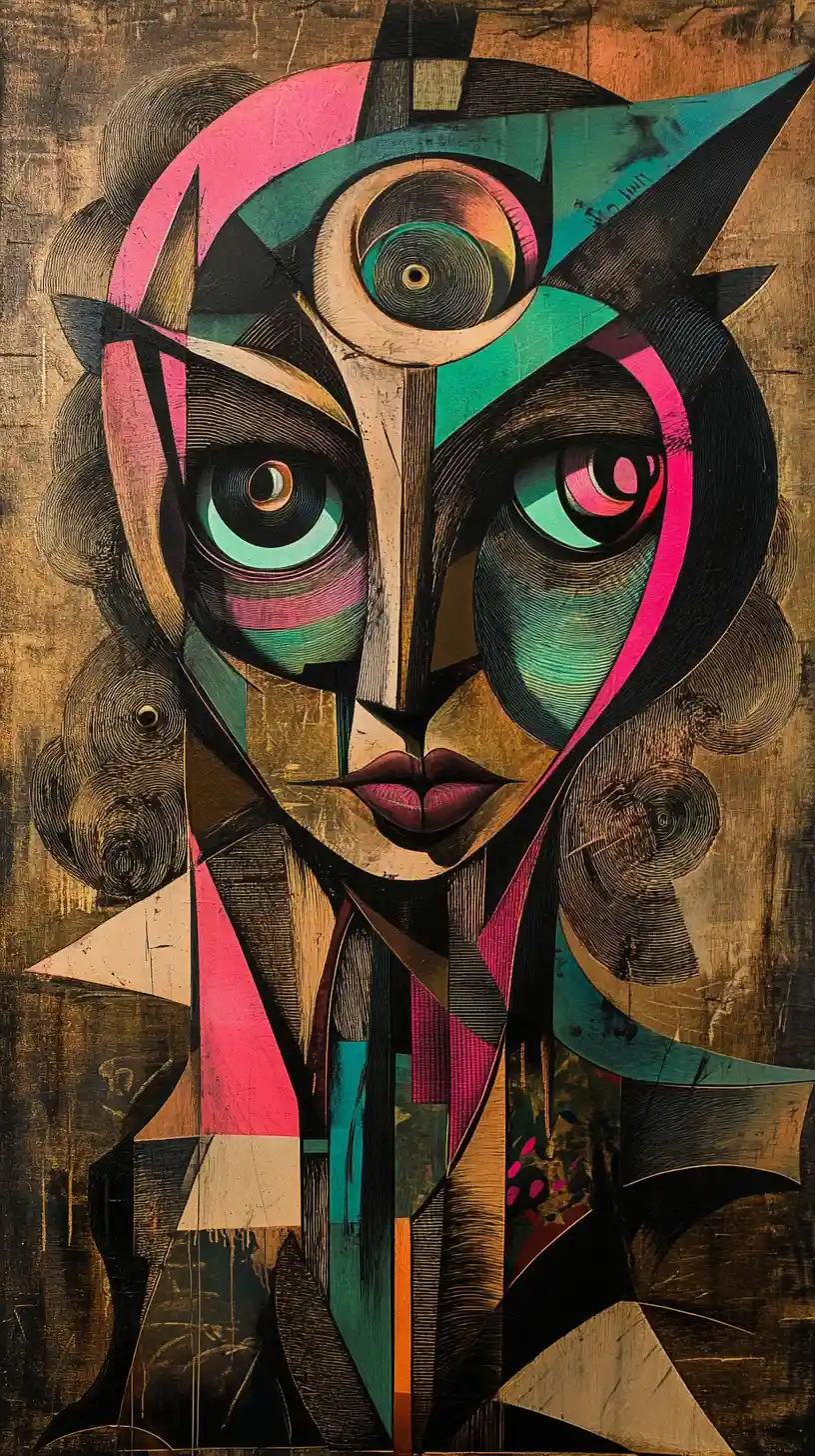 Surreal portrait of an enigmatic figure with oversized eyes