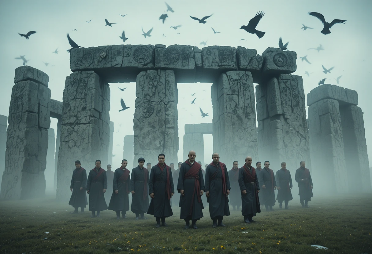 Dominikanische und tibetische Mönche am nebligen Stonehenge