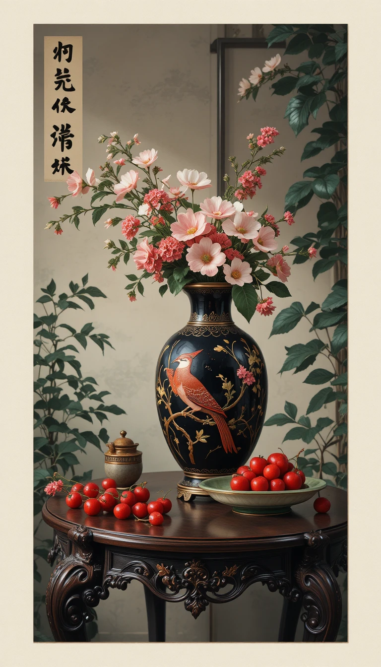 Elegantes Stillleben mit Vase, Kirschen und grüner Schale