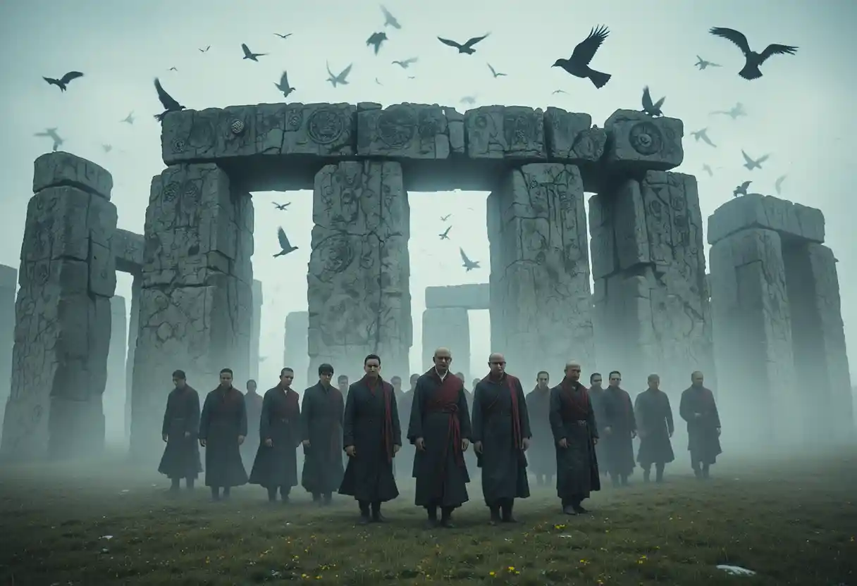 Dominican and Tibetan monks gathered at misty Stonehenge