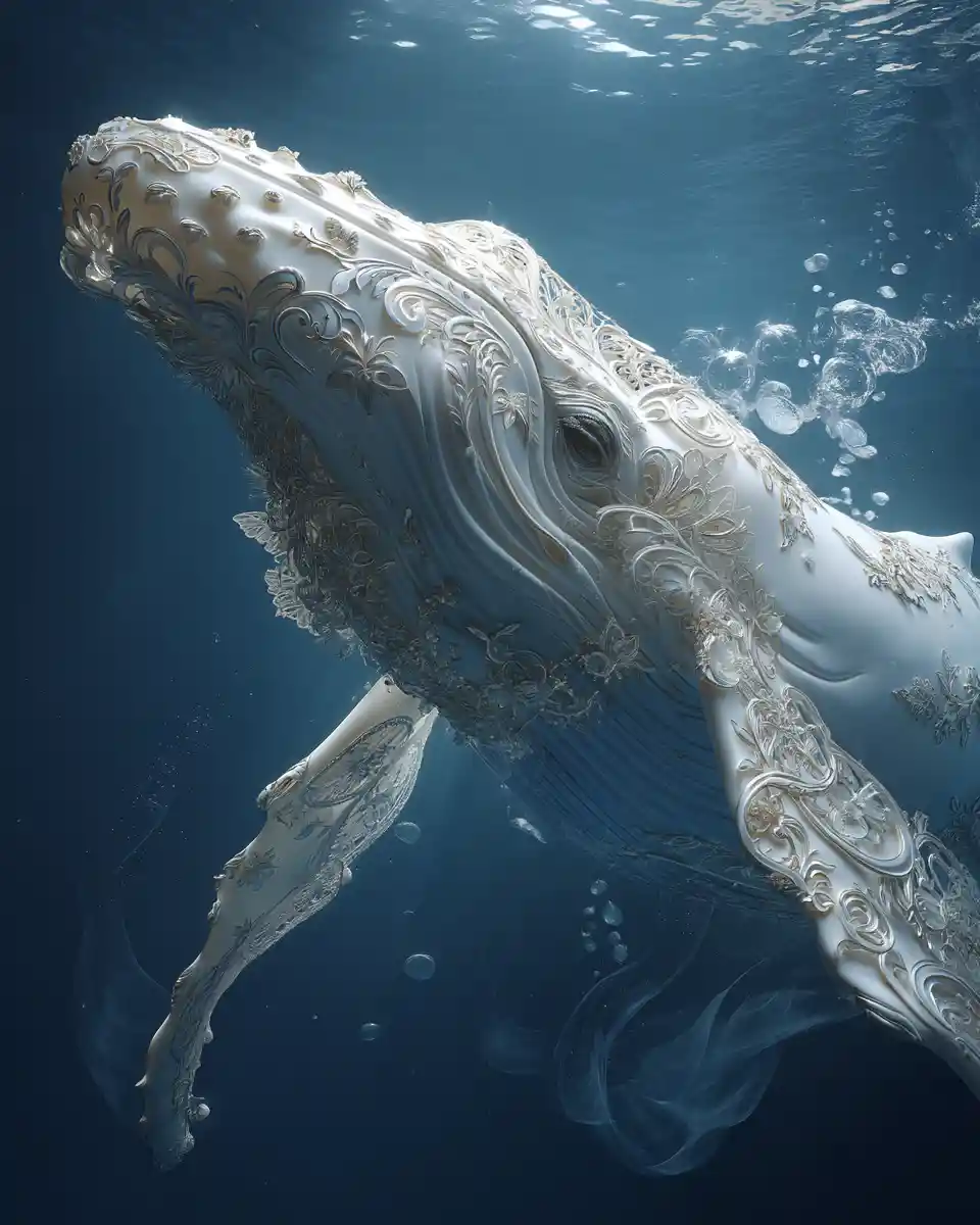 Balena scolpita di pizzo che emerge dal profondo oceano