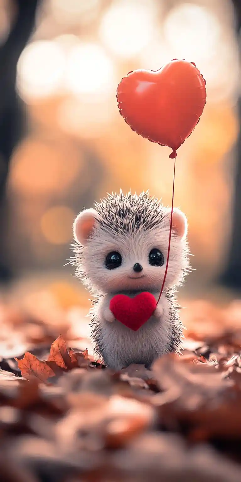 Niedlicher Igel mit Herzballon auf Herbstblättern