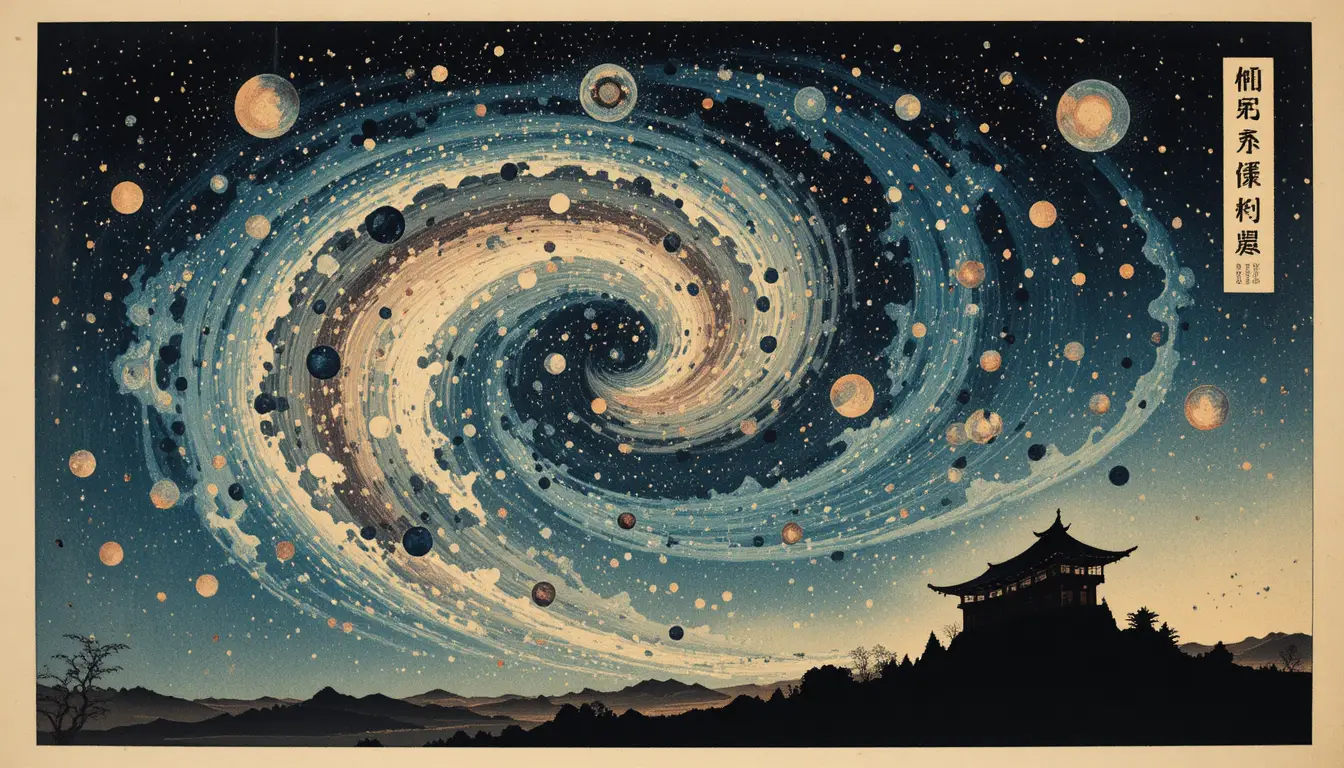 Galaxia en xilografía que gira sobre pergamino con formas fractales cósmicas