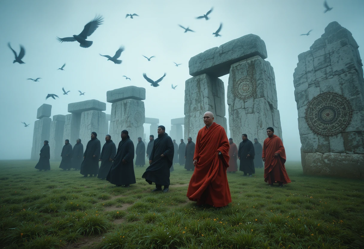 Dominican and Tibetan monks gather in mist around Stonehenge