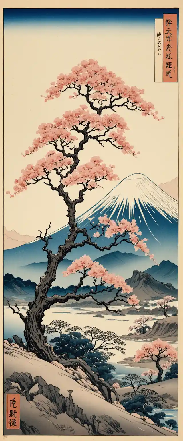 Ukiyo e view of Mount Fuji and a blooming sakura tree