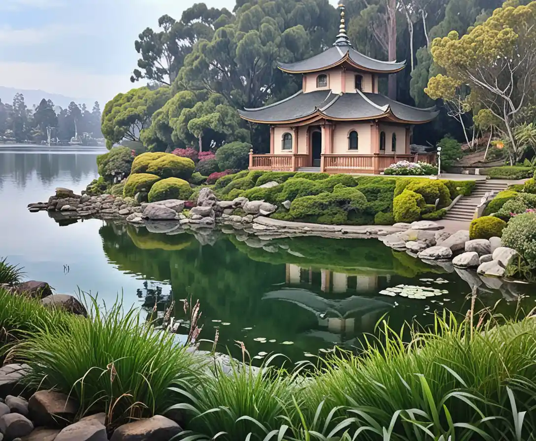 Tranquil lakeside shrine reflected in still mirrored water